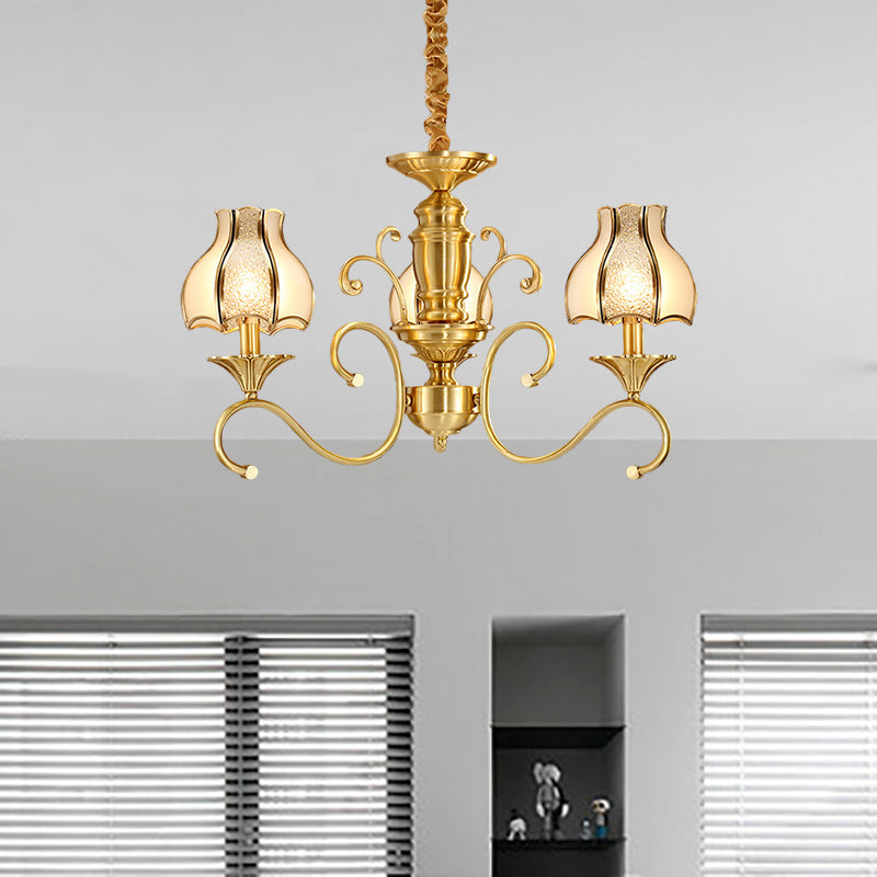 Colonial Swirled Arm Suspended Lighting 3/5/6 Heads Metal Hanging Chandelier in Gold with Frosted and Water Glass Shade 3 Gold Clearhalo 'Ceiling Lights' 'Chandeliers' 'Glass shade' 'Glass' Lighting' 282759