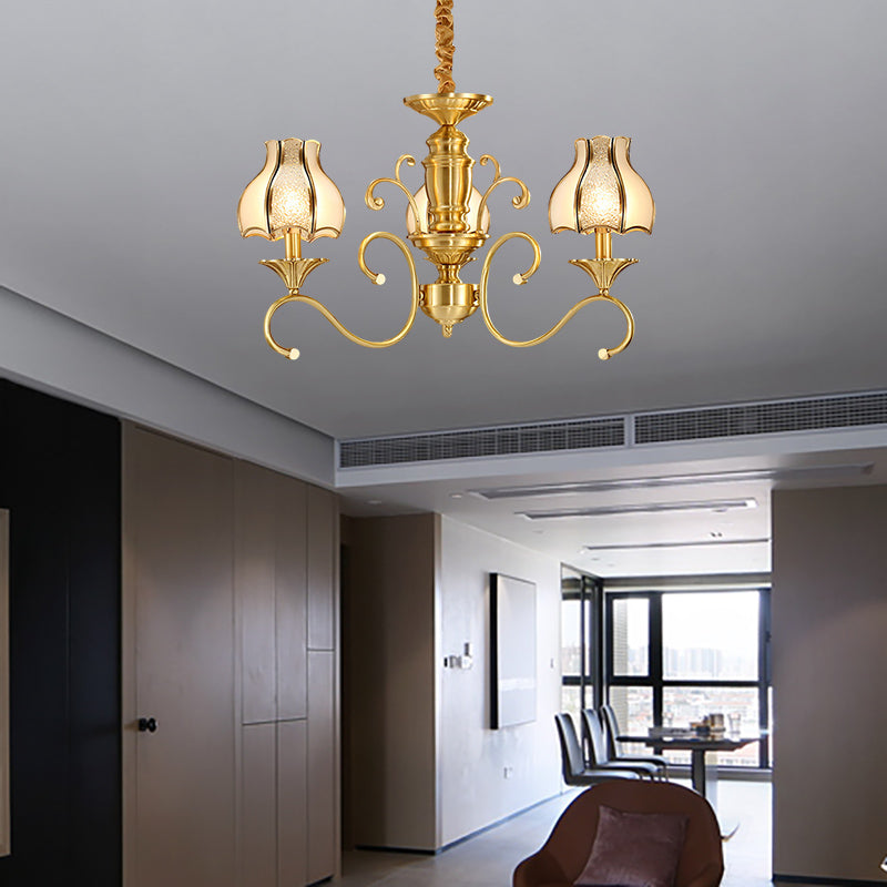 Colonial Swirled Arm Suspended Lighting 3/5/6 Heads Metal Hanging Chandelier in Gold with Frosted and Water Glass Shade Clearhalo 'Ceiling Lights' 'Chandeliers' 'Glass shade' 'Glass' Lighting' 282761