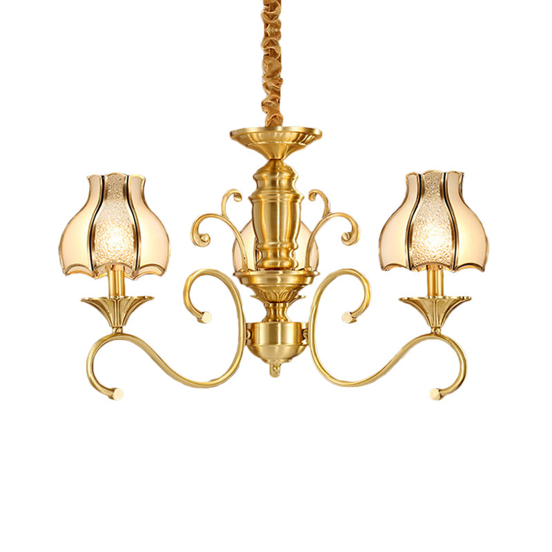 Colonial Swirled Arm Suspended Lighting 3/5/6 Heads Metal Hanging Chandelier in Gold with Frosted and Water Glass Shade Clearhalo 'Ceiling Lights' 'Chandeliers' 'Glass shade' 'Glass' Lighting' 282762