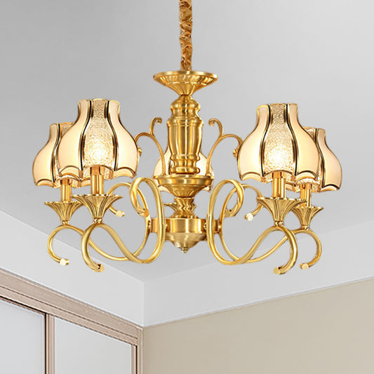 Colonial Swirled Arm Suspended Lighting 3/5/6 Heads Metal Hanging Chandelier in Gold with Frosted and Water Glass Shade 5 Gold Clearhalo 'Ceiling Lights' 'Chandeliers' 'Glass shade' 'Glass' Lighting' 282764