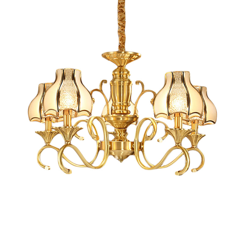 Colonial Swirled Arm Suspended Lighting 3/5/6 Heads Metal Hanging Chandelier in Gold with Frosted and Water Glass Shade Clearhalo 'Ceiling Lights' 'Chandeliers' 'Glass shade' 'Glass' Lighting' 282766