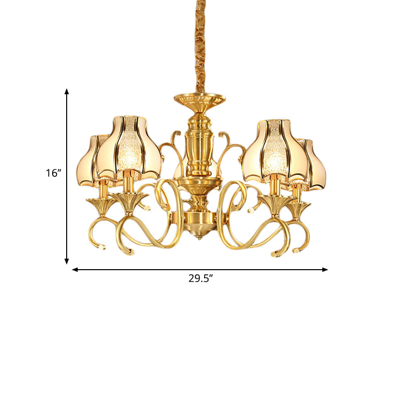 Colonial Swirled Arm Suspended Lighting 3/5/6 Heads Metal Hanging Chandelier in Gold with Frosted and Water Glass Shade Clearhalo 'Ceiling Lights' 'Chandeliers' 'Glass shade' 'Glass' Lighting' 282767