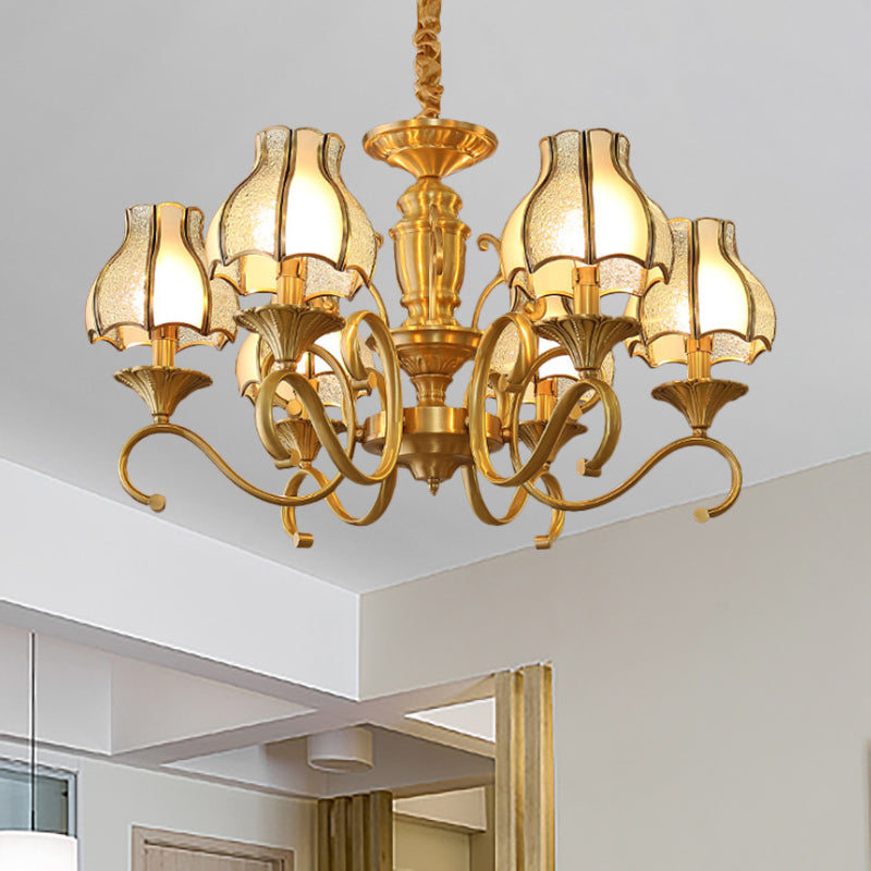 Colonial Swirled Arm Suspended Lighting 3/5/6 Heads Metal Hanging Chandelier in Gold with Frosted and Water Glass Shade 6 Gold Clearhalo 'Ceiling Lights' 'Chandeliers' 'Glass shade' 'Glass' Lighting' 282769