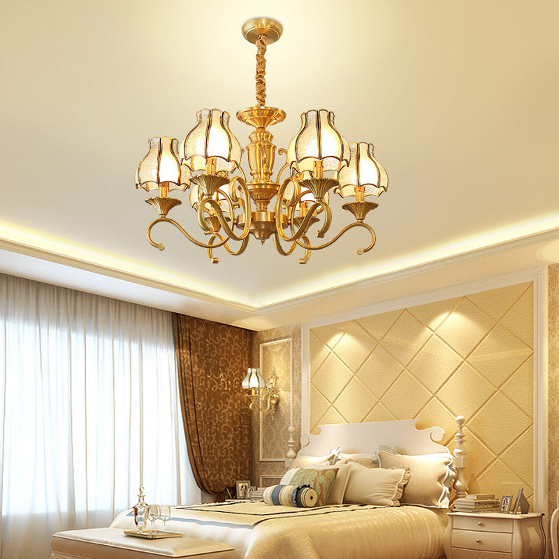 Colonial Swirled Arm Suspended Lighting 3/5/6 Heads Metal Hanging Chandelier in Gold with Frosted and Water Glass Shade Clearhalo 'Ceiling Lights' 'Chandeliers' 'Glass shade' 'Glass' Lighting' 282770