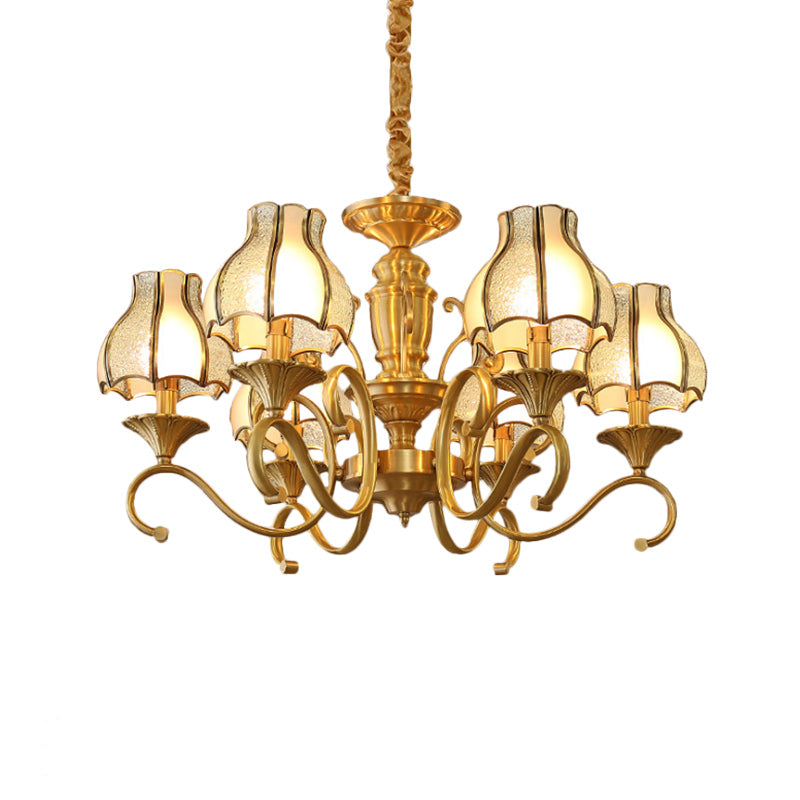 Colonial Swirled Arm Suspended Lighting 3/5/6 Heads Metal Hanging Chandelier in Gold with Frosted and Water Glass Shade Clearhalo 'Ceiling Lights' 'Chandeliers' 'Glass shade' 'Glass' Lighting' 282771