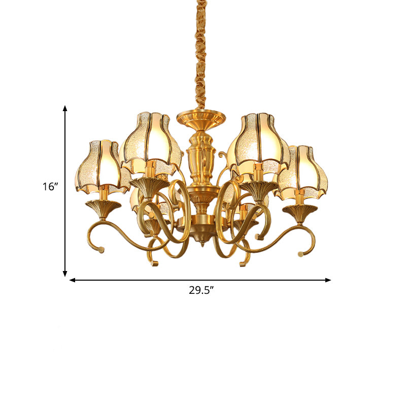 Colonial Swirled Arm Suspended Lighting 3/5/6 Heads Metal Hanging Chandelier in Gold with Frosted and Water Glass Shade Clearhalo 'Ceiling Lights' 'Chandeliers' 'Glass shade' 'Glass' Lighting' 282772