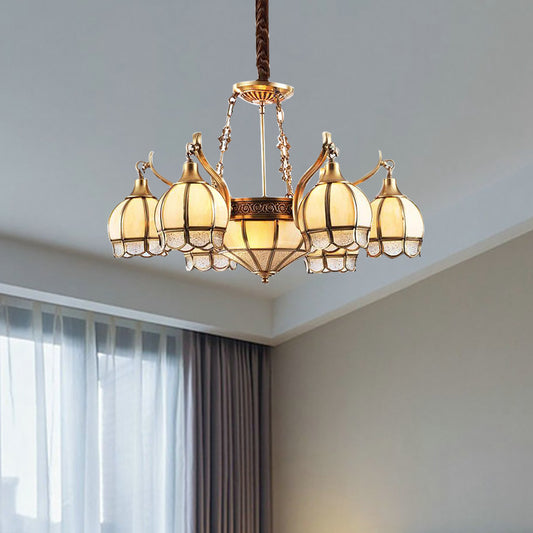 Gold Flower Shaped Chandelier Lighting Colonial Frosted Glass 9 Lights Living Room Hanging Pendant Lamp Gold Clearhalo 'Ceiling Lights' 'Chandeliers' 'Close To Ceiling Lights' 'Glass shade' 'Glass' Lighting' 282773