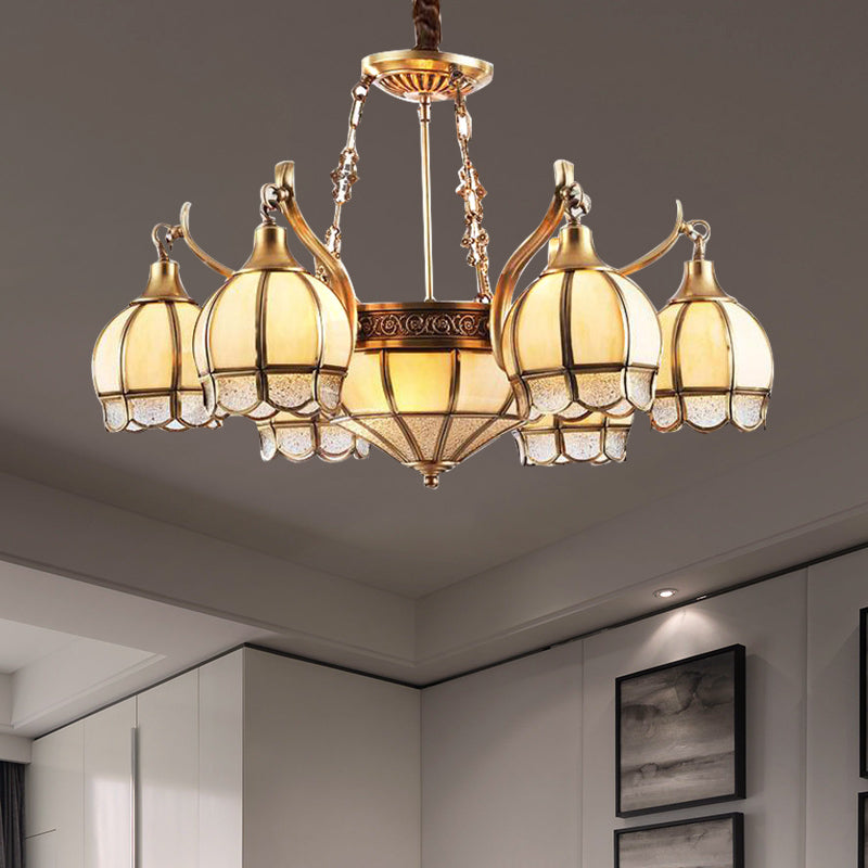 Gold Flower Shaped Chandelier Lighting Colonial Frosted Glass 9 Lights Living Room Hanging Pendant Lamp Clearhalo 'Ceiling Lights' 'Chandeliers' 'Close To Ceiling Lights' 'Glass shade' 'Glass' Lighting' 282774