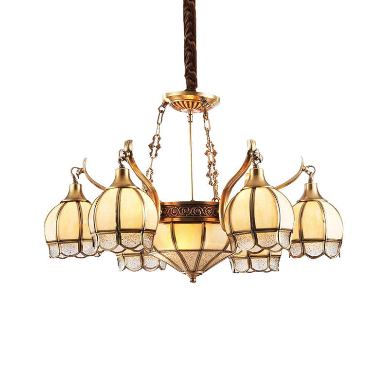 Gold Flower Shaped Chandelier Lighting Colonial Frosted Glass 9 Lights Living Room Hanging Pendant Lamp Clearhalo 'Ceiling Lights' 'Chandeliers' 'Close To Ceiling Lights' 'Glass shade' 'Glass' Lighting' 282776