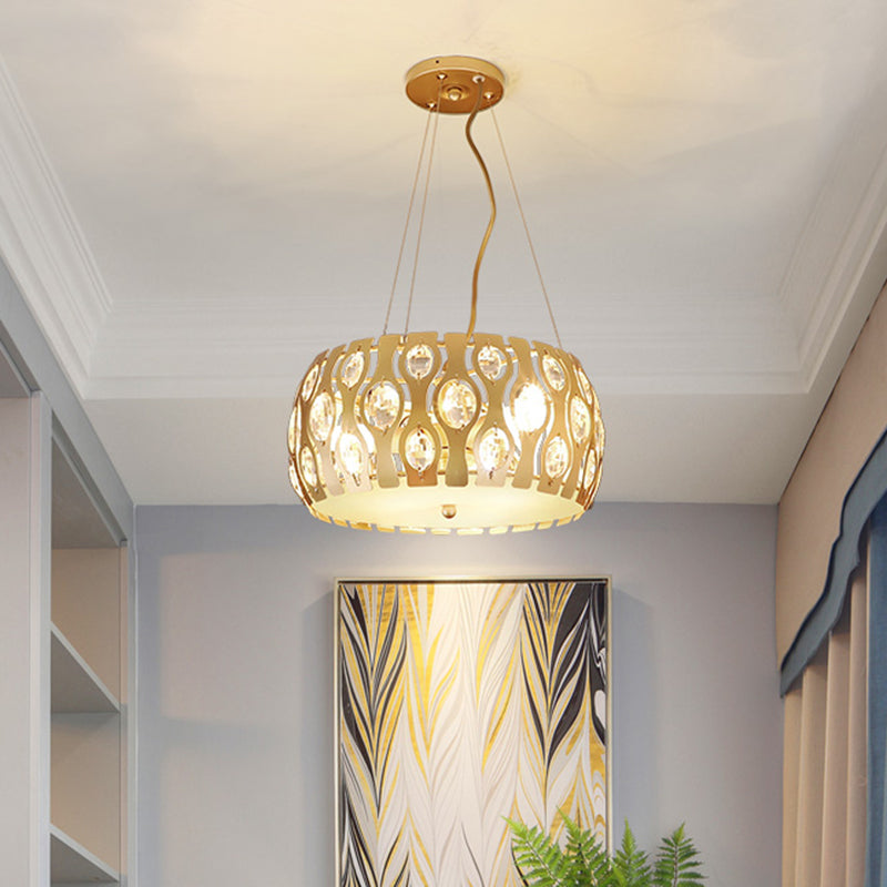 Metal Drum Hanging Chandelier Modern 3/4 Lights 15"/19" Width Gold Ceiling Lamp with Crystal Accent Gold 15" Clearhalo 'Ceiling Lights' 'Chandeliers' 'Modern Chandeliers' 'Modern' Lighting' 282779