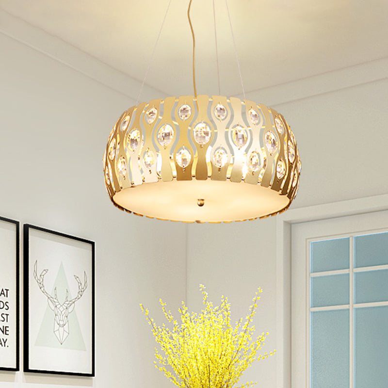 Metal Drum Hanging Chandelier Modern 3/4 Lights 15"/19" Width Gold Ceiling Lamp with Crystal Accent Clearhalo 'Ceiling Lights' 'Chandeliers' 'Modern Chandeliers' 'Modern' Lighting' 282780