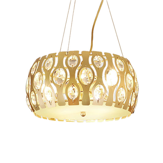 Metal Drum Hanging Chandelier Modern 3/4 Lights 15"/19" Width Gold Ceiling Lamp with Crystal Accent Clearhalo 'Ceiling Lights' 'Chandeliers' 'Modern Chandeliers' 'Modern' Lighting' 282782