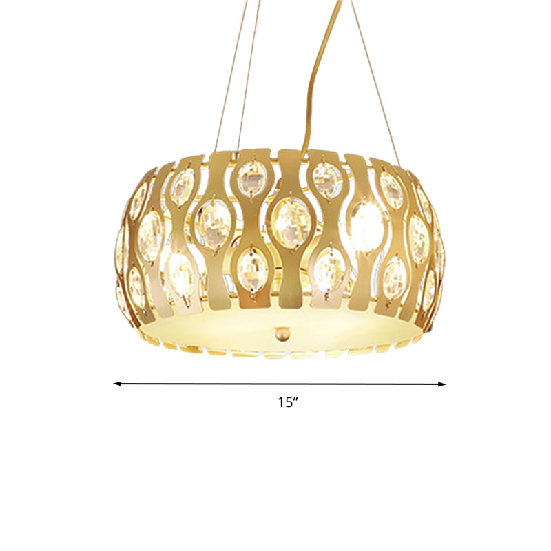 Metal Drum Hanging Chandelier Modern 3/4 Lights 15"/19" Width Gold Ceiling Lamp with Crystal Accent Clearhalo 'Ceiling Lights' 'Chandeliers' 'Modern Chandeliers' 'Modern' Lighting' 282783