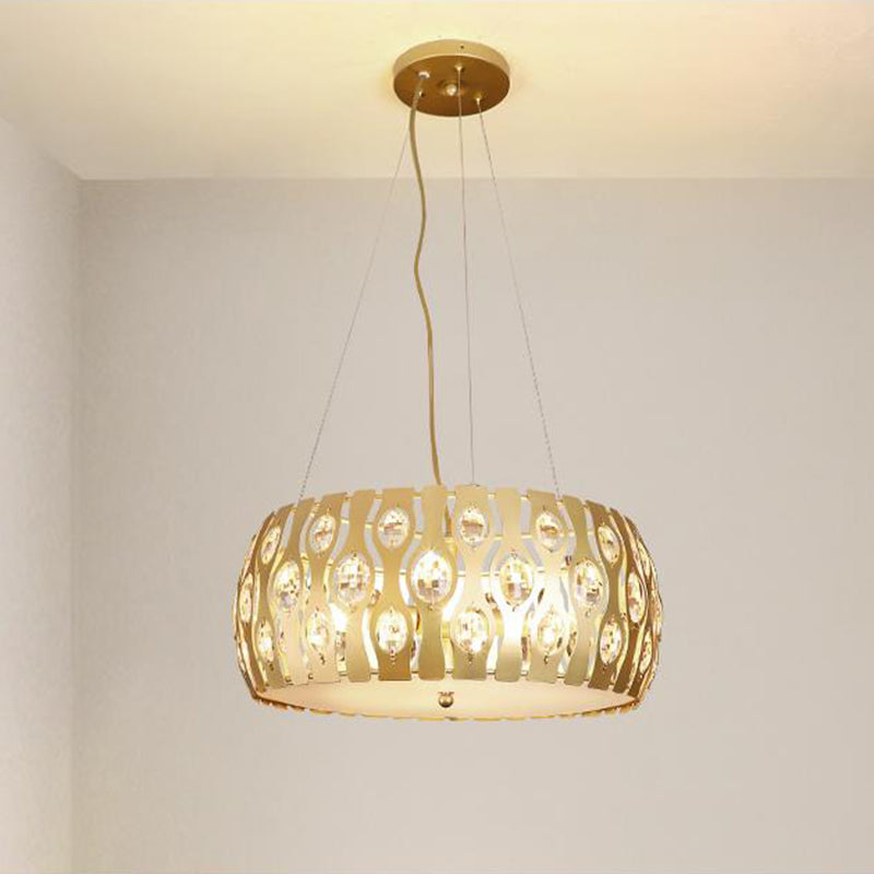 Metal Drum Hanging Chandelier Modern 3/4 Lights 15"/19" Width Gold Ceiling Lamp with Crystal Accent Gold 19" Clearhalo 'Ceiling Lights' 'Chandeliers' 'Modern Chandeliers' 'Modern' Lighting' 282784