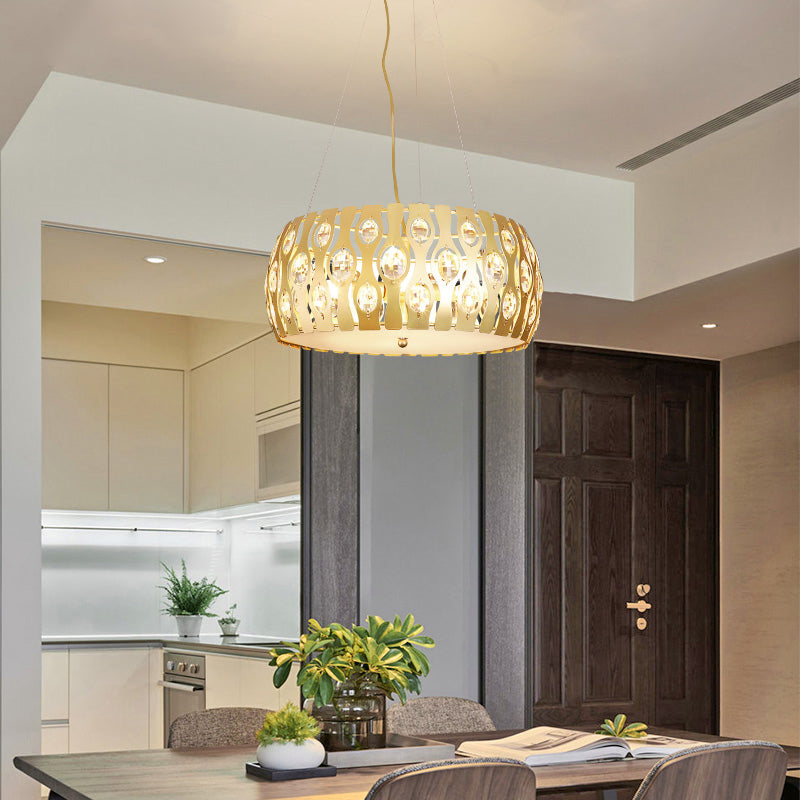 Metal Drum Hanging Chandelier Modern 3/4 Lights 15"/19" Width Gold Ceiling Lamp with Crystal Accent Clearhalo 'Ceiling Lights' 'Chandeliers' 'Modern Chandeliers' 'Modern' Lighting' 282785