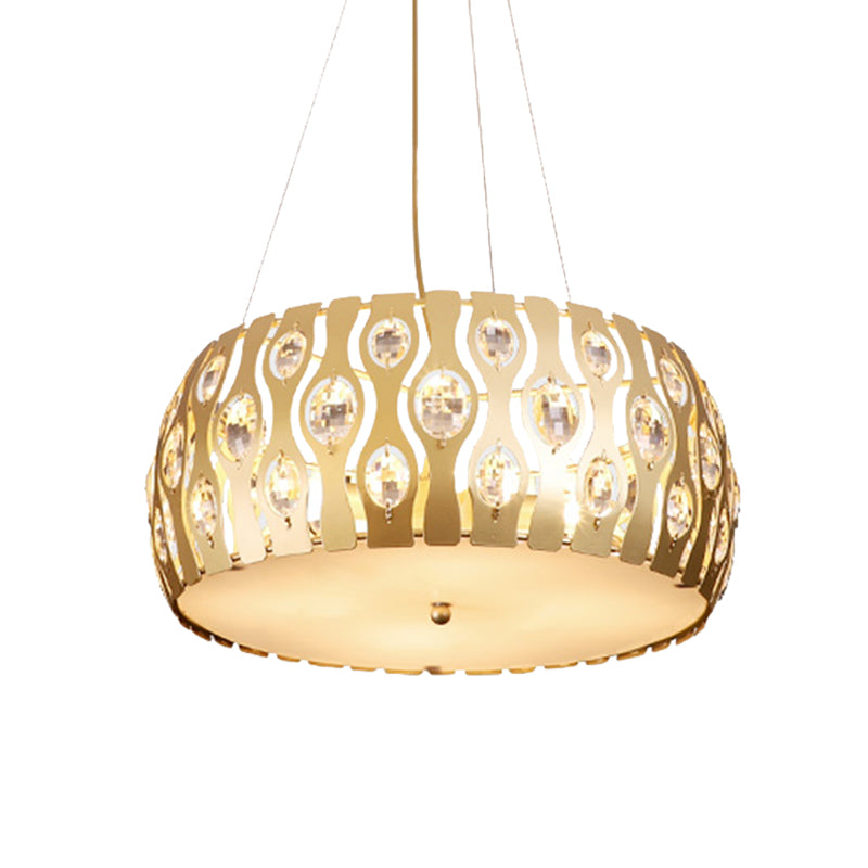 Metal Drum Hanging Chandelier Modern 3/4 Lights 15"/19" Width Gold Ceiling Lamp with Crystal Accent Clearhalo 'Ceiling Lights' 'Chandeliers' 'Modern Chandeliers' 'Modern' Lighting' 282786