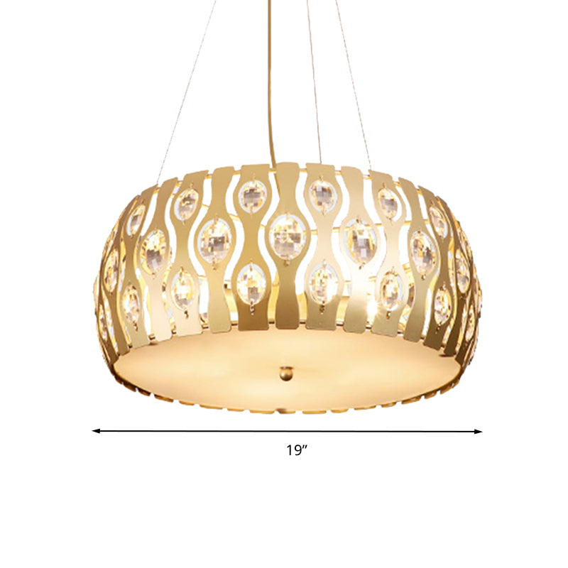 Metal Drum Hanging Chandelier Modern 3/4 Lights 15"/19" Width Gold Ceiling Lamp with Crystal Accent Clearhalo 'Ceiling Lights' 'Chandeliers' 'Modern Chandeliers' 'Modern' Lighting' 282787