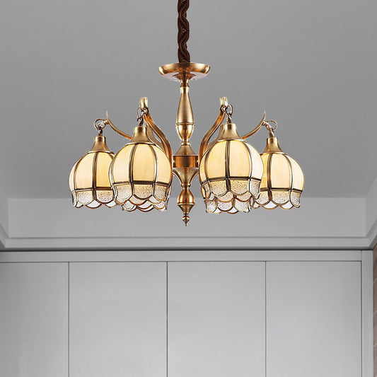 Gold 6 Lights Chandelier Lamp Colonialist Frosted Glass Flower Shape Down Lighting Pendant Gold Clearhalo 'Ceiling Lights' 'Chandeliers' 'Close To Ceiling Lights' 'Glass shade' 'Glass' Lighting' 282789
