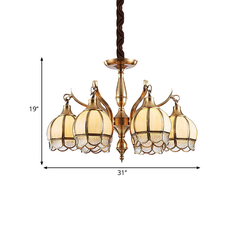 Gold 6 Lights Chandelier Lamp Colonialist Frosted Glass Flower Shape Down Lighting Pendant Clearhalo 'Ceiling Lights' 'Chandeliers' 'Close To Ceiling Lights' 'Glass shade' 'Glass' Lighting' 282793