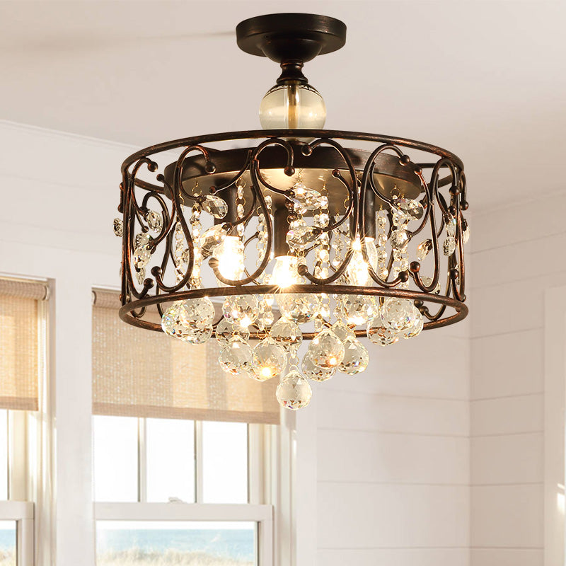 Drum Metal Ceiling Light Fixture Industrial 3 Bulbs Antique Copper Semi Flush Mount Lighting with Dropped Crystal Ball Clearhalo 'Ceiling Lights' 'Close To Ceiling Lights' 'Close to ceiling' 'Semi-flushmount' Lighting' 282812