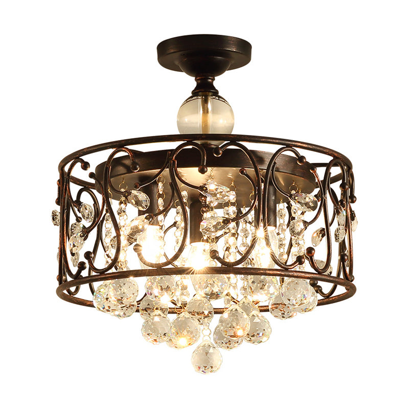 Drum Metal Ceiling Light Fixture Industrial 3 Bulbs Antique Copper Semi Flush Mount Lighting with Dropped Crystal Ball Clearhalo 'Ceiling Lights' 'Close To Ceiling Lights' 'Close to ceiling' 'Semi-flushmount' Lighting' 282814