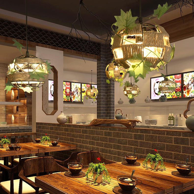 Country Style Global Cage Pendant Lamp 1 Head Rope and Metal Hanging Light in Beige for Restaurant Beige 12" Clearhalo 'Ceiling Lights' 'Industrial Pendants' 'Industrial' 'Middle Century Pendants' 'Pendant Lights' 'Pendants' 'Tiffany' Lighting' 28283