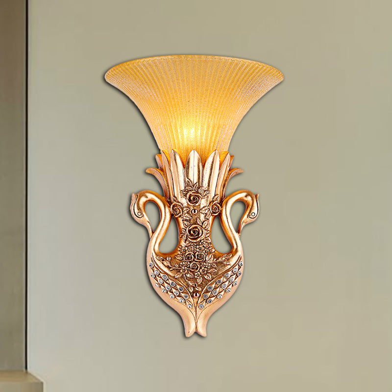 Gold Finish 1 Head Wall Light Country Resin Swan Shape Wall Sconce Lamp with Amber Glass Flared Shade Gold Clearhalo 'Wall Lamps & Sconces' 'Wall Lights' Lighting' 282865