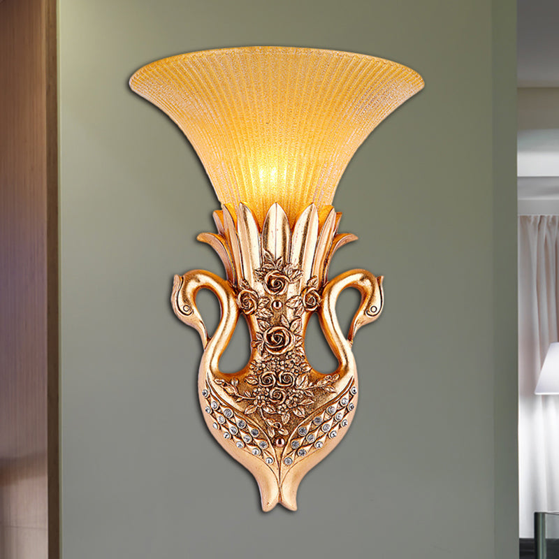 Gold Finish 1 Head Wall Light Country Resin Swan Shape Wall Sconce Lamp with Amber Glass Flared Shade Clearhalo 'Wall Lamps & Sconces' 'Wall Lights' Lighting' 282866