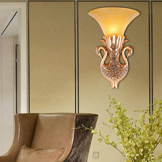 Gold Finish 1 Head Wall Light Country Resin Swan Shape Wall Sconce Lamp with Amber Glass Flared Shade Clearhalo 'Wall Lamps & Sconces' 'Wall Lights' Lighting' 282867