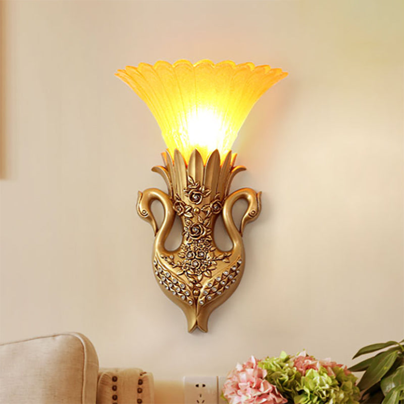 Rustic Style Bell Wall Mounted Light 1 Light Yellow Glass and Resin Wall Lamp with Gold/White Swan Backplate Gold Clearhalo 'Wall Lamps & Sconces' 'Wall Lights' Lighting' 282871