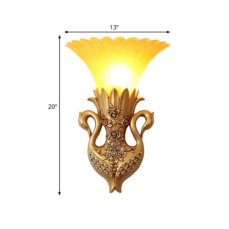 Rustic Style Bell Wall Mounted Light 1 Light Yellow Glass and Resin Wall Lamp with Gold/White Swan Backplate Clearhalo 'Wall Lamps & Sconces' 'Wall Lights' Lighting' 282875