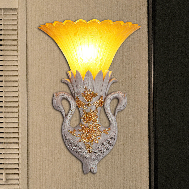 Rustic Style Bell Wall Mounted Light 1 Light Yellow Glass and Resin Wall Lamp with Gold/White Swan Backplate White Clearhalo 'Wall Lamps & Sconces' 'Wall Lights' Lighting' 282877