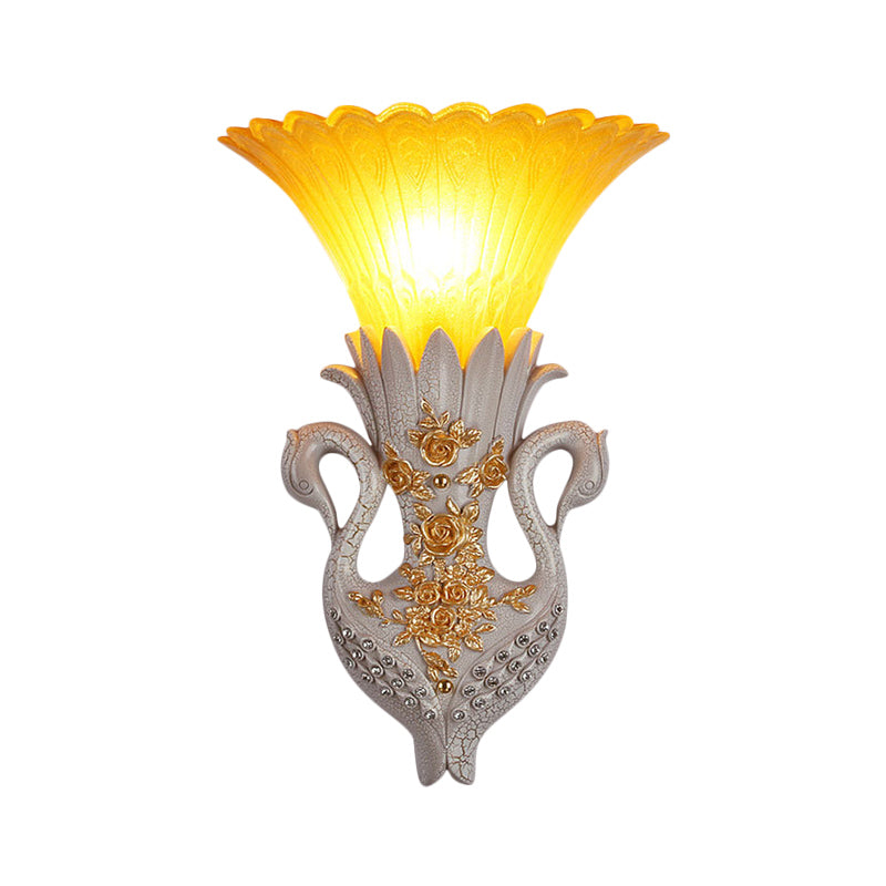 Rustic Style Bell Wall Mounted Light 1 Light Yellow Glass and Resin Wall Lamp with Gold/White Swan Backplate Clearhalo 'Wall Lamps & Sconces' 'Wall Lights' Lighting' 282879