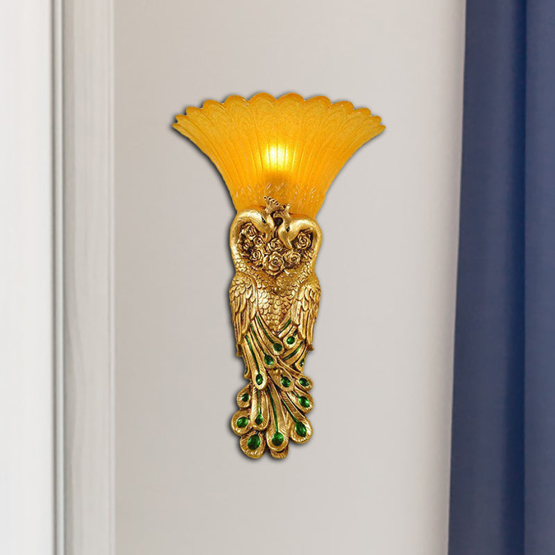 Flared Corridor Sconce Lamp Country Amber Glass and Resin 1 Head Gold/Light Gold Finish Wall Light with Peacock Design Gold Clearhalo 'Wall Lamps & Sconces' 'Wall Lights' Lighting' 282881