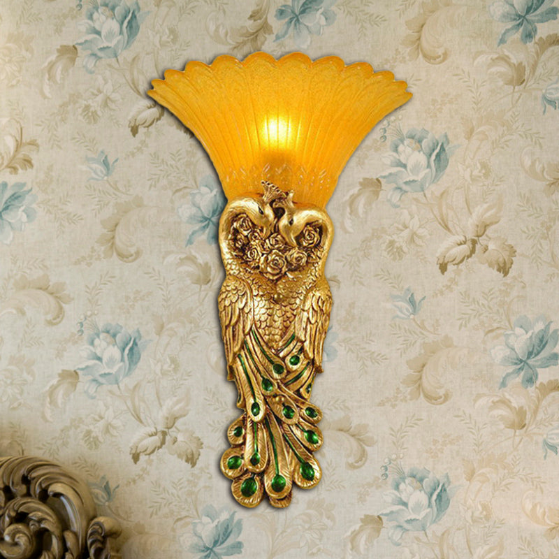 Flared Corridor Sconce Lamp Country Amber Glass and Resin 1 Head Gold/Light Gold Finish Wall Light with Peacock Design Clearhalo 'Wall Lamps & Sconces' 'Wall Lights' Lighting' 282882