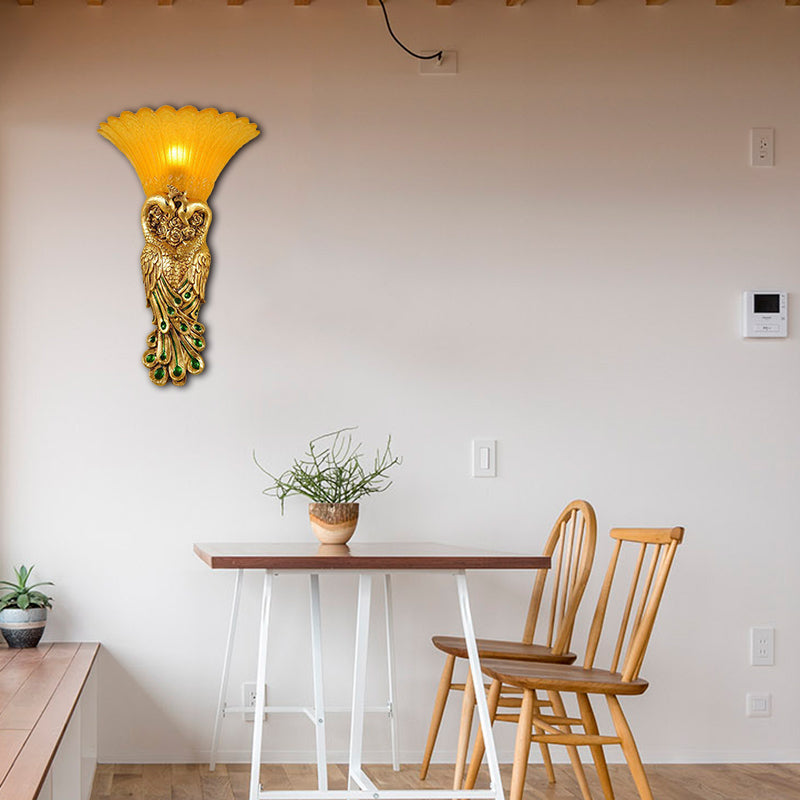 Flared Corridor Sconce Lamp Country Amber Glass and Resin 1 Head Gold/Light Gold Finish Wall Light with Peacock Design Clearhalo 'Wall Lamps & Sconces' 'Wall Lights' Lighting' 282883