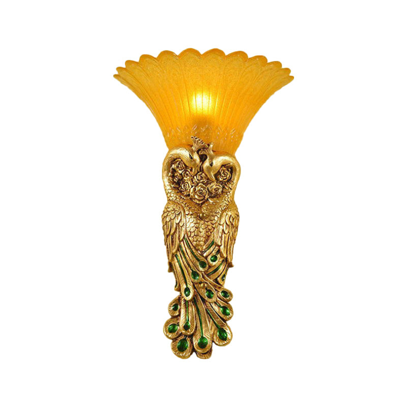 Flared Corridor Sconce Lamp Country Amber Glass and Resin 1 Head Gold/Light Gold Finish Wall Light with Peacock Design Clearhalo 'Wall Lamps & Sconces' 'Wall Lights' Lighting' 282884