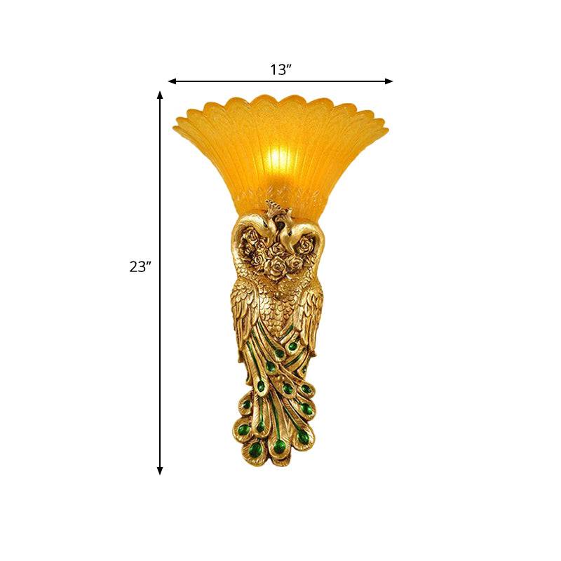 Flared Corridor Sconce Lamp Country Amber Glass and Resin 1 Head Gold/Light Gold Finish Wall Light with Peacock Design Clearhalo 'Wall Lamps & Sconces' 'Wall Lights' Lighting' 282885