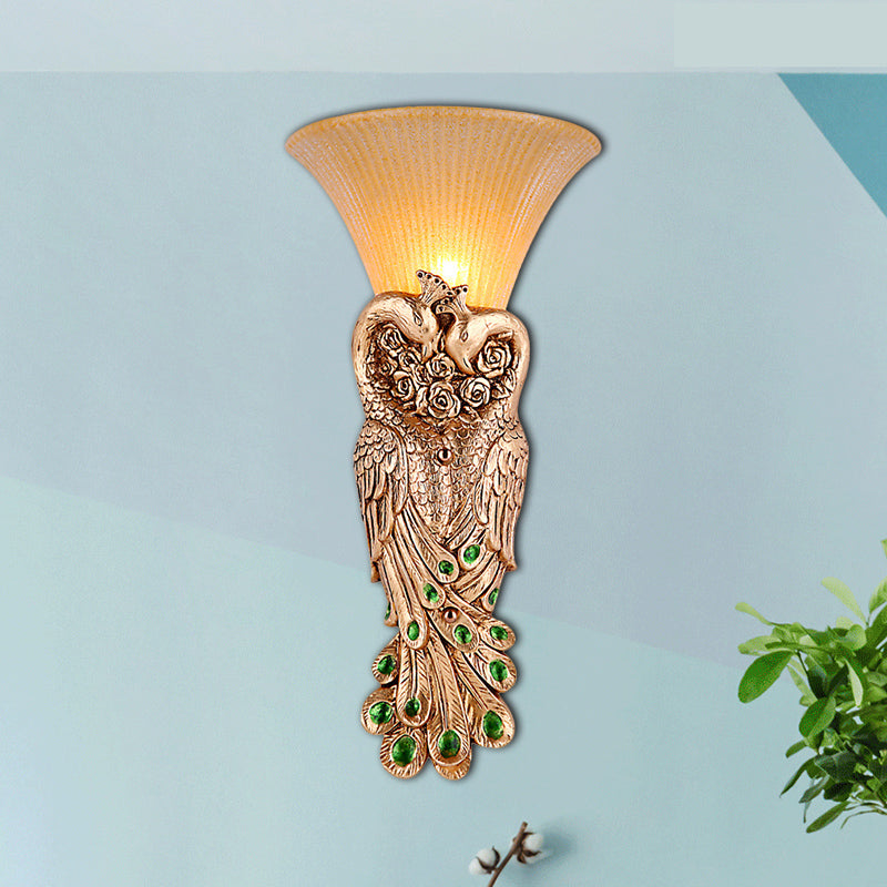 Flared Corridor Sconce Lamp Country Amber Glass and Resin 1 Head Gold/Light Gold Finish Wall Light with Peacock Design Light Gold Clearhalo 'Wall Lamps & Sconces' 'Wall Lights' Lighting' 282886