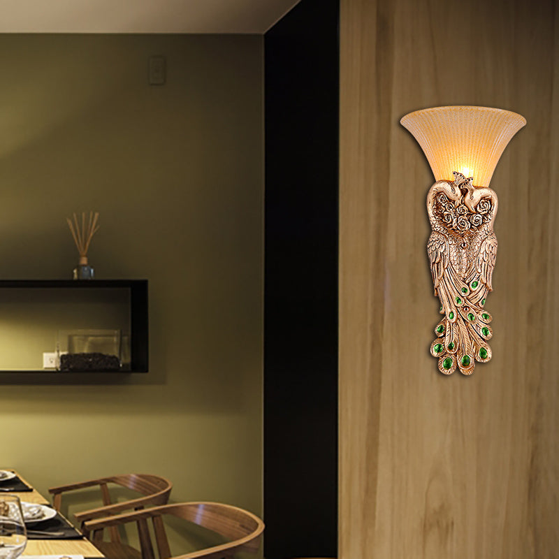 Flared Corridor Sconce Lamp Country Amber Glass and Resin 1 Head Gold/Light Gold Finish Wall Light with Peacock Design Clearhalo 'Wall Lamps & Sconces' 'Wall Lights' Lighting' 282887