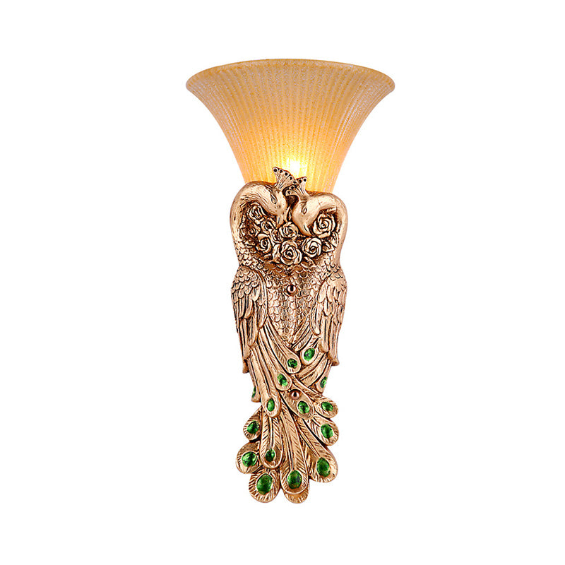 Flared Corridor Sconce Lamp Country Amber Glass and Resin 1 Head Gold/Light Gold Finish Wall Light with Peacock Design Clearhalo 'Wall Lamps & Sconces' 'Wall Lights' Lighting' 282888