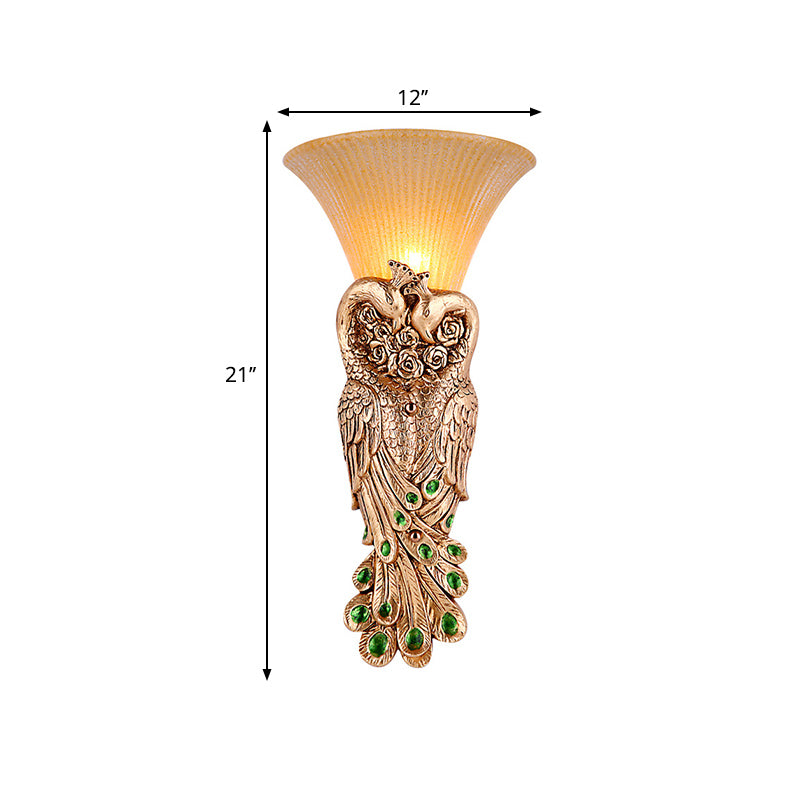 Flared Corridor Sconce Lamp Country Amber Glass and Resin 1 Head Gold/Light Gold Finish Wall Light with Peacock Design Clearhalo 'Wall Lamps & Sconces' 'Wall Lights' Lighting' 282889