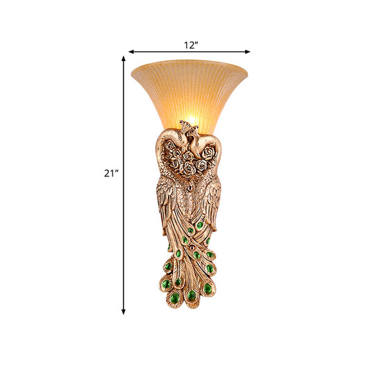 Flared Corridor Sconce Lamp Country Amber Glass and Resin 1 Head Gold/Light Gold Finish Wall Light with Peacock Design Clearhalo 'Wall Lamps & Sconces' 'Wall Lights' Lighting' 282889