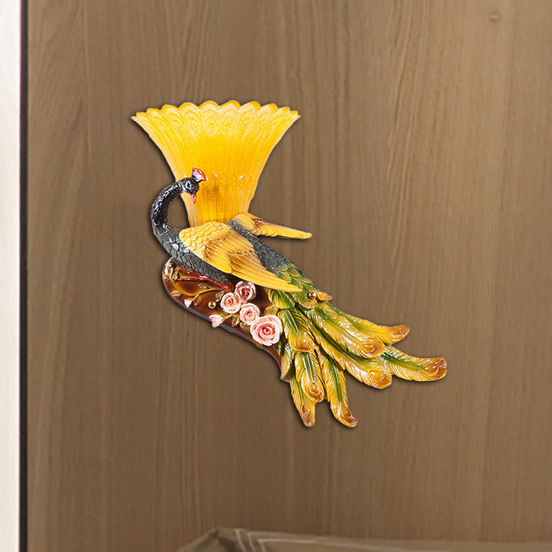 1 Light Scalloped Wall Mount Light Modern Style Yellow Glass Wall Lamp with Peacock Design for Bedroom, Left/Right Yellow Right Clearhalo 'Wall Lamps & Sconces' 'Wall Lights' Lighting' 282917