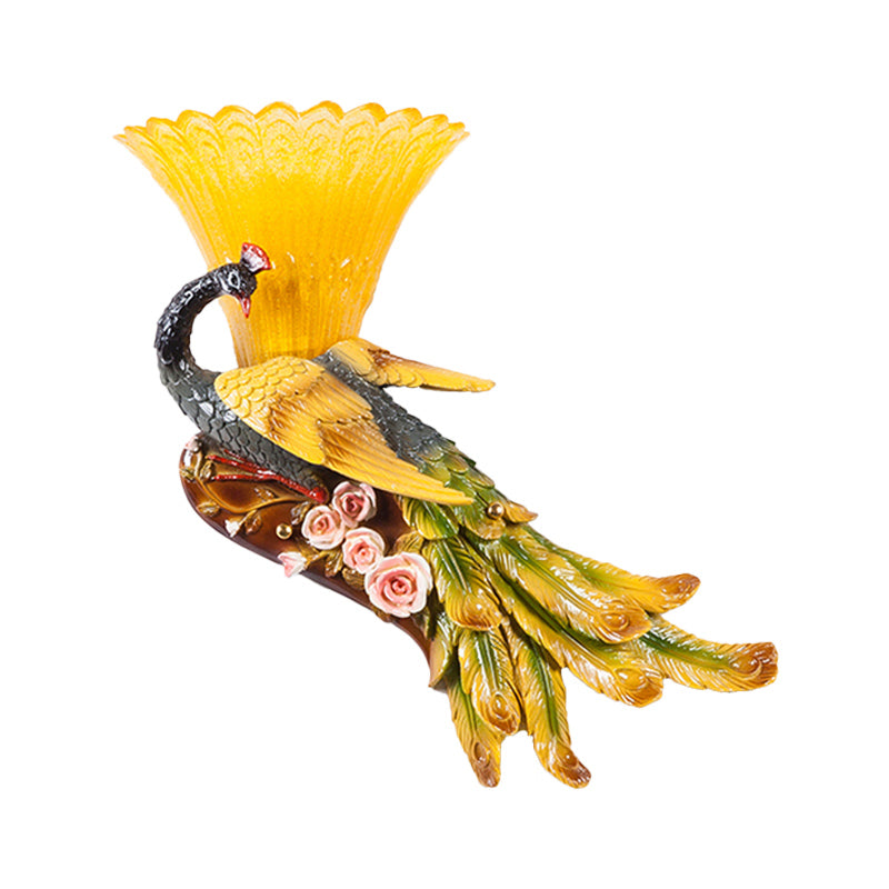 1 Light Scalloped Wall Mount Light Modern Style Yellow Glass Wall Lamp with Peacock Design for Bedroom, Left/Right Clearhalo 'Wall Lamps & Sconces' 'Wall Lights' Lighting' 282920