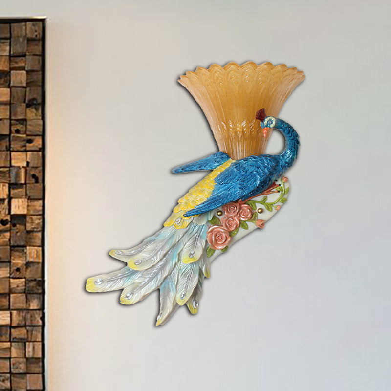 Country Style Flared Wall Sconce 1 Bulb Amber Glass and Resin Wall Lighting with Blue Peacock Design Blue Clearhalo 'Wall Lamps & Sconces' 'Wall Lights' Lighting' 282933