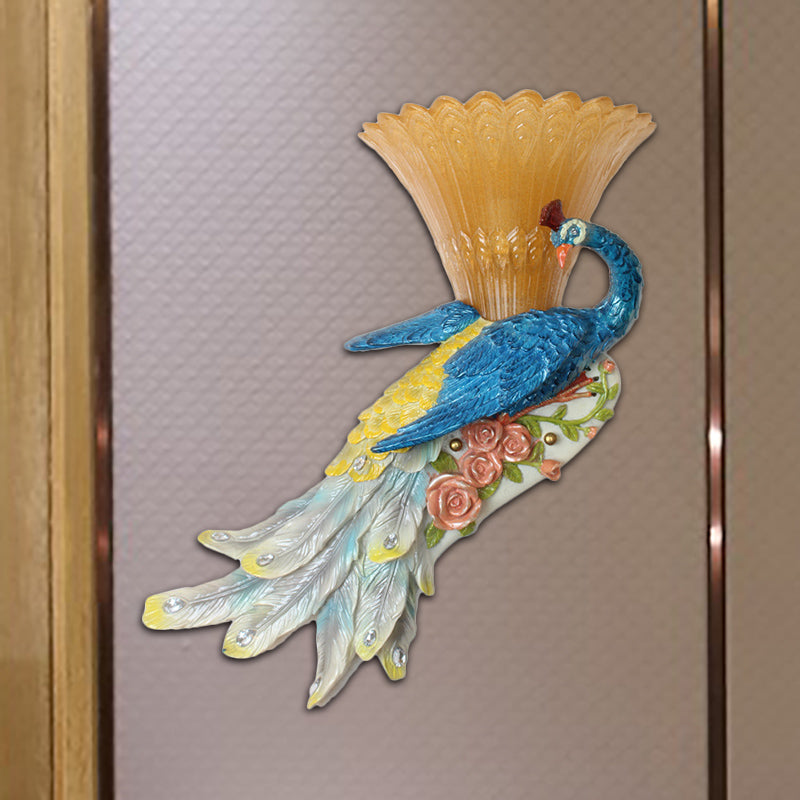 Country Style Flared Wall Sconce 1 Bulb Amber Glass and Resin Wall Lighting with Blue Peacock Design Clearhalo 'Wall Lamps & Sconces' 'Wall Lights' Lighting' 282934