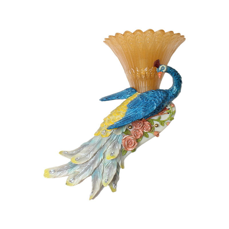 Country Style Flared Wall Sconce 1 Bulb Amber Glass and Resin Wall Lighting with Blue Peacock Design Clearhalo 'Wall Lamps & Sconces' 'Wall Lights' Lighting' 282936