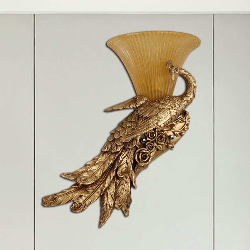 1 Head Sconce Light Fixture Vintage Style Bell Yellow Glass Wall Lamp with Golden Peacock Design, Left/Right Clearhalo 'Wall Lamps & Sconces' 'Wall Lights' Lighting' 283004
