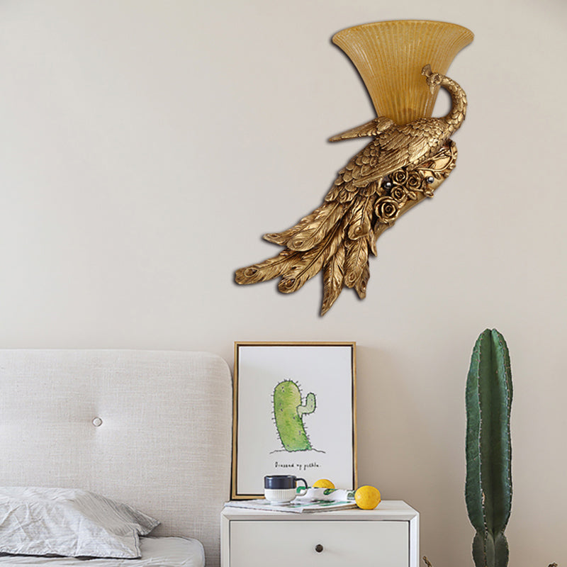 1 Head Sconce Light Fixture Vintage Style Bell Yellow Glass Wall Lamp with Golden Peacock Design, Left/Right Clearhalo 'Wall Lamps & Sconces' 'Wall Lights' Lighting' 283005